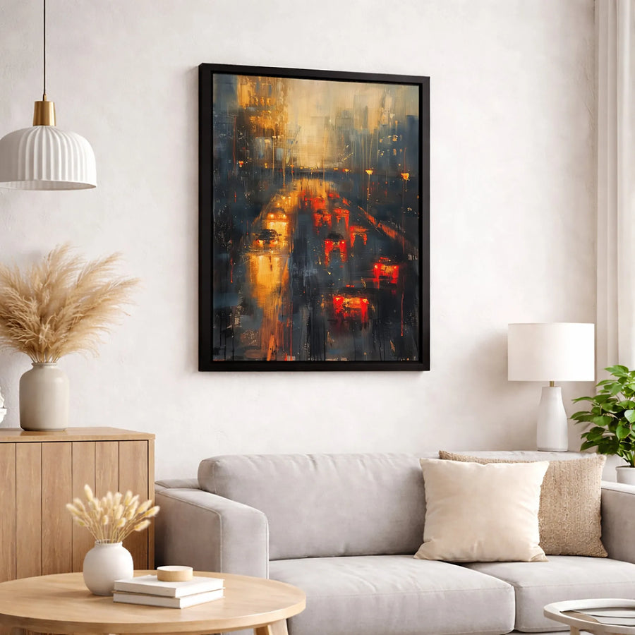 Night City Traffic Canvas Wall Art | Rainy Street Abstract Print | 1.25-Inch Gallery Wrap | Modern Home Decor Gift