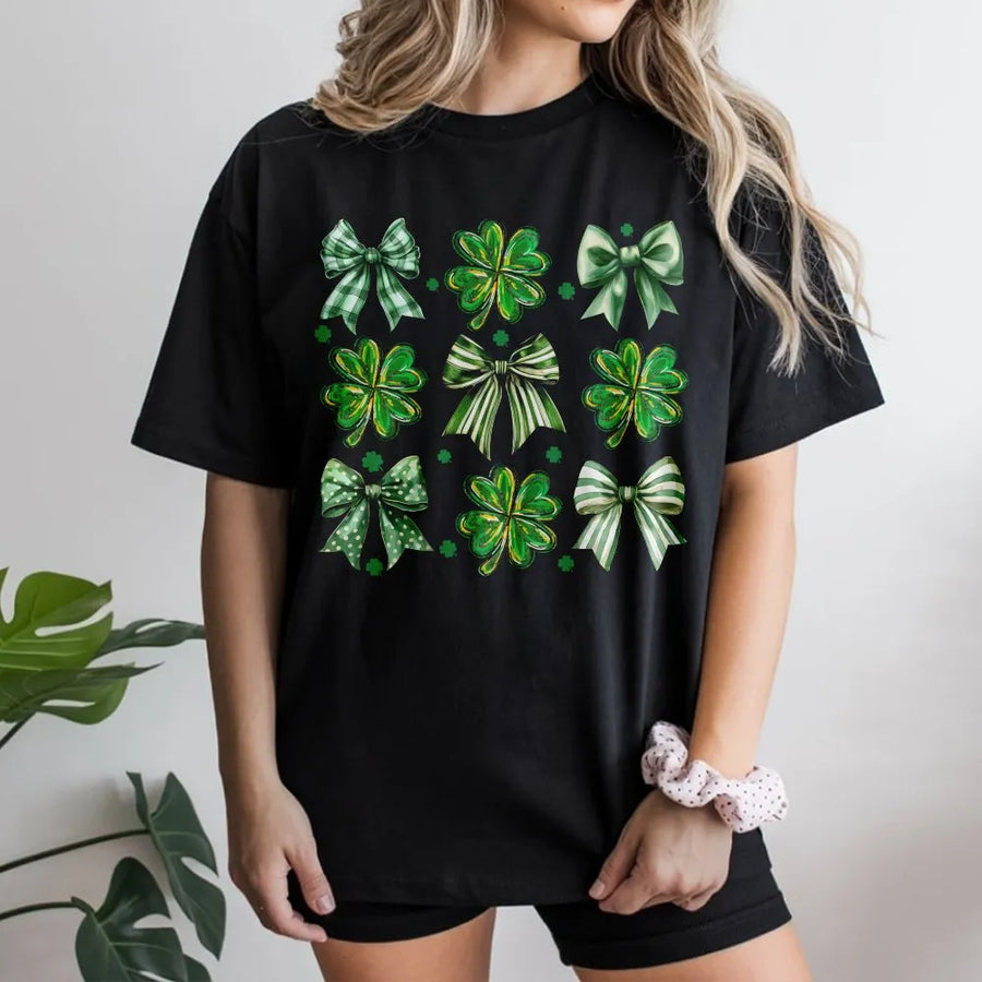 St. Patrick's Day Coquette Bow T-Shirt | Shamrock Aesthetic Graphic Tee | 100% Cotton Premium Comfort | Irish Gift for Her