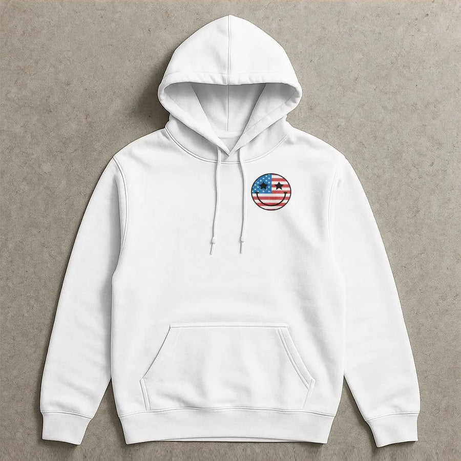 American Flag Smiley Face Hoodie | Patriotic Graphic Crewneck | Soft Cotton Blend | 4th of July Gift for Men and Women