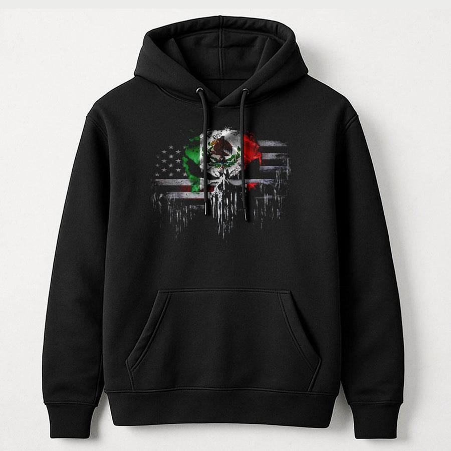 Mexican American Flag Hoodie | Distressed Skull Patriot Graphic | Premium Cotton Blend | Gift for Heritage Pride