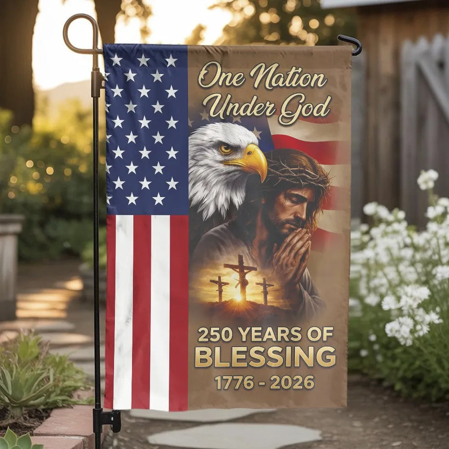 One Nation Under God Garden Flag | Jesus & Eagle American Flag Art | Double Sided Weatherproof Fabric | 250th Anniversary Blessing Gift for Christian Patriots