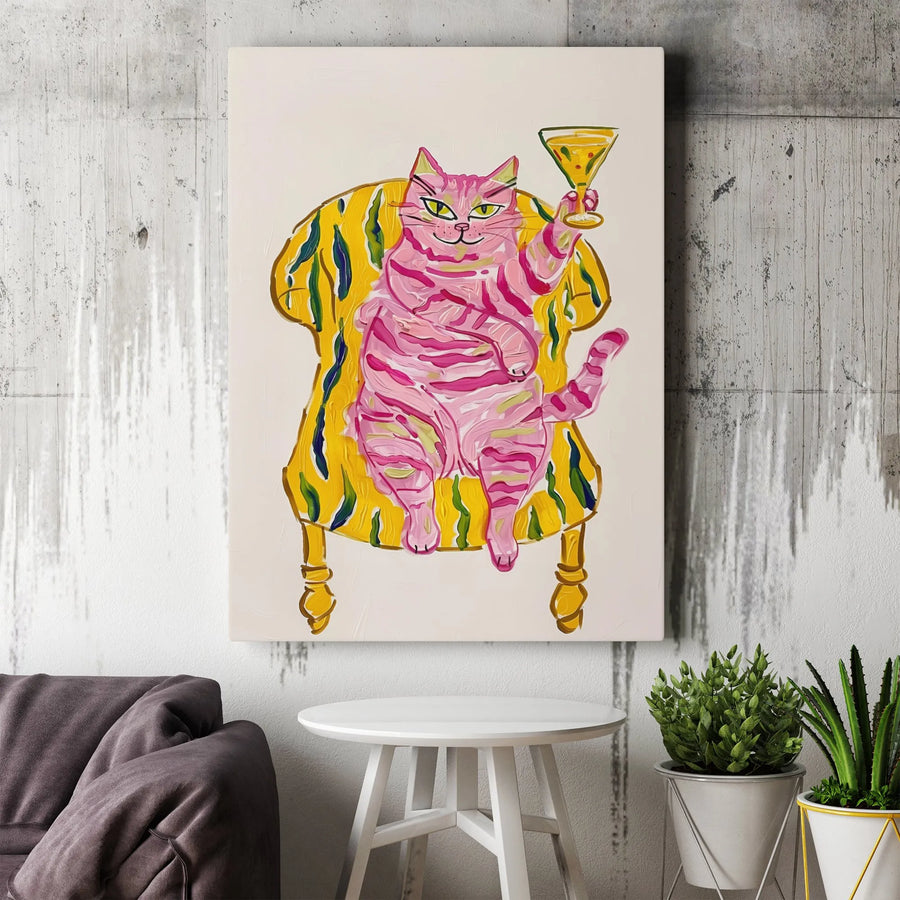 Pink Cat Martini Canvas Print | Whimsical Animal Wall Art | 1.25-Inch Gallery Wrap | Funny Cat Lover Home Decor Gift