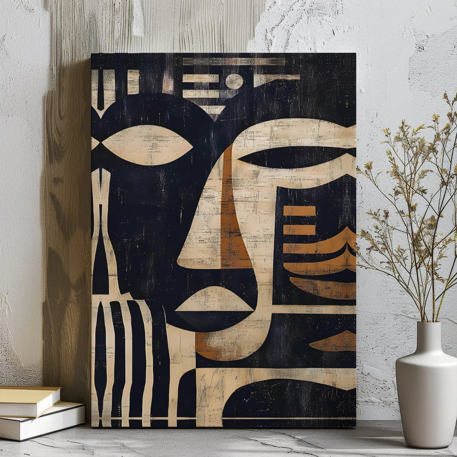 Abstract Tribal Face Canvas Art | Modern Black and Beige Minimalist Wall Decor | Premium 1.25" Gallery Wrap | Unique Statement Piece for Home Office