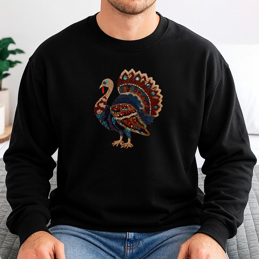 Thanksgiving Turkey Sweatshirt | Faux Rhinestone Boho Bird Print | Cotton Blend Premium Pullover | Festive Fall Outfit Gift for Women & Men