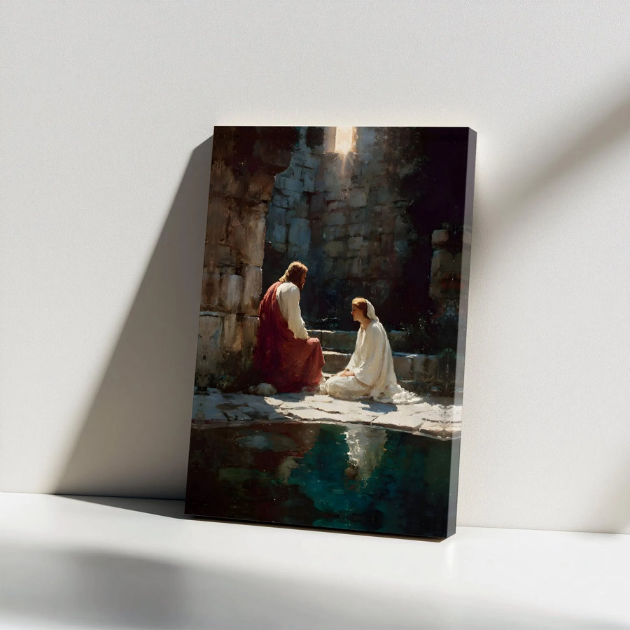 Jesus and Woman at the Well Canvas Art | Biblical Christian Wall Decor | Gallery Wrapped Premium Print | Spiritual Gift for Home or Church