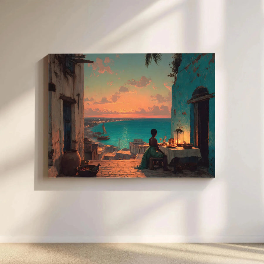 Mediterranean Sunset Horizontal Canvas | Scenic Coastal Art | Romantic Dinner Scene Painting, Teal & Terracotta | Premium Fade-Resistant Print | Living Room Decor Gift