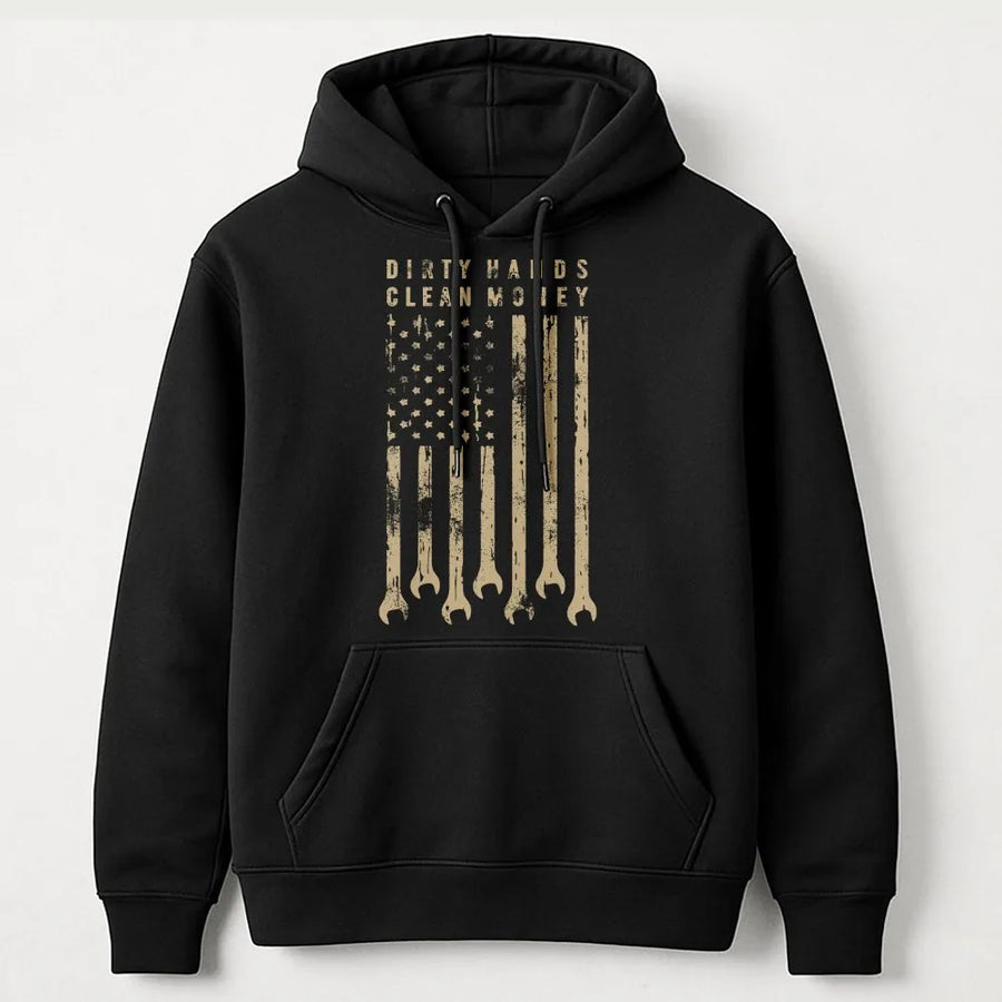 Dirty Hands Clean Money Hoodie | Distressed Wrench USA Flag Graphic | Premium Cotton Workwear | Gift for Mechanics & Blue Collar Workers