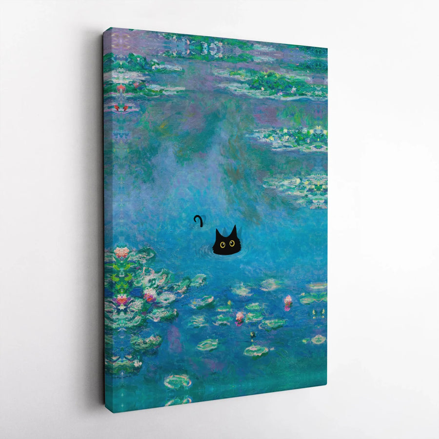 Black Cat Canvas Wall Art | Impressionist Water Lilies Pond Painting | Premium Gallery Wrap Print | Whimsical Gift For Cat Lovers