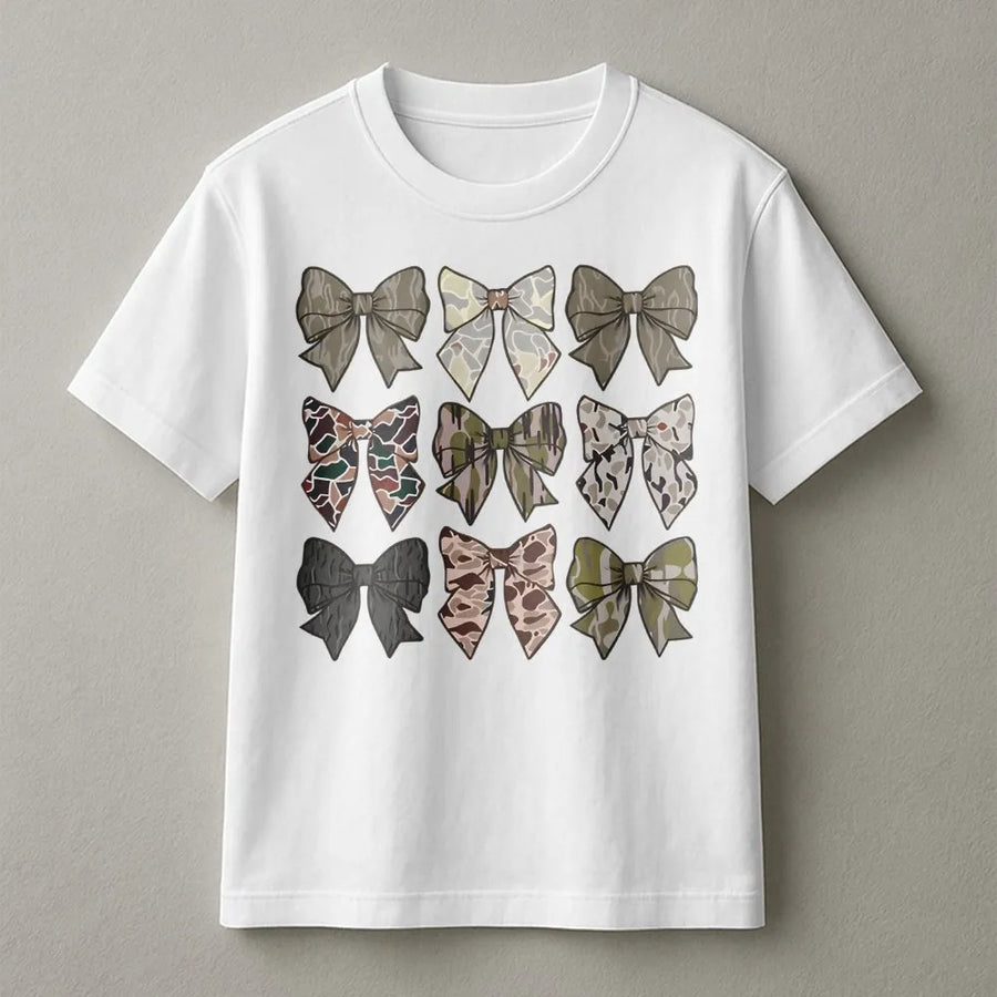 Camo Bow T-Shirt | Trendy Camouflage Ribbon Print | Premium Soft Cotton | Stylish Western Country Gift for Her