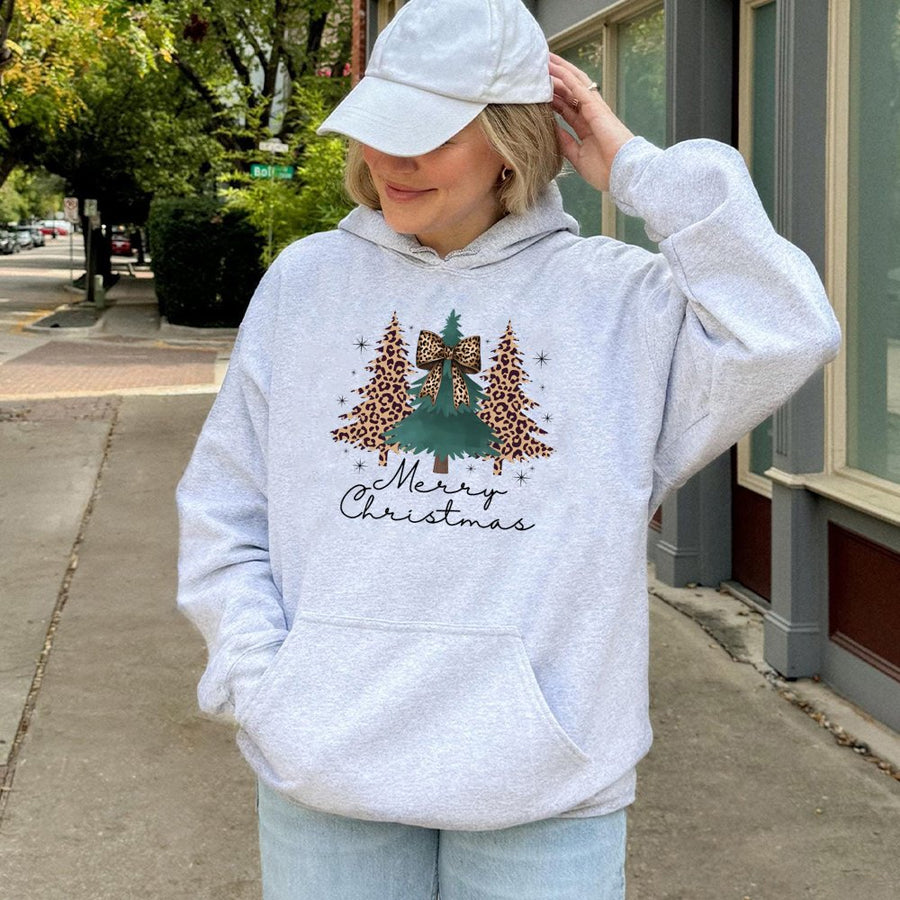 Leopard Print Christmas Tree Hoodie | Coquette Bow Holiday Graphic | Soft Cotton Blend Sweatshirt | Cute Xmas Gift For Her Women