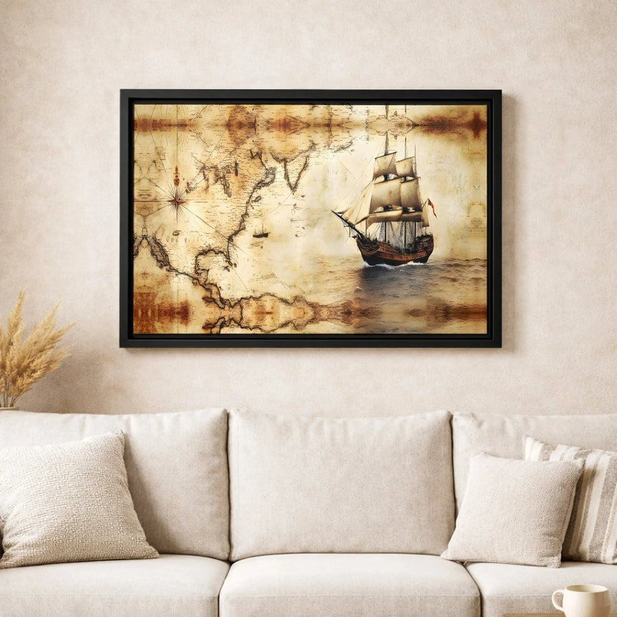 Nautical Sailing Ship Canvas Print | Antique World Map Design | Premium 1.25 Inch Gallery Wrap | Coastal Decor Gift for Home or Office
