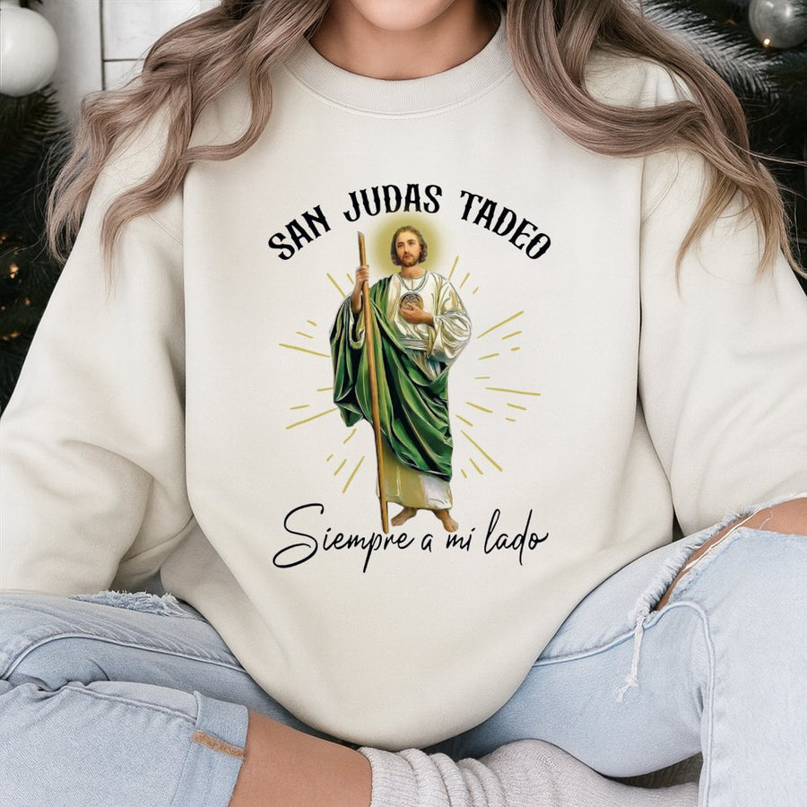 San Judas Tadeo Sweatshirt | Siempre A Mi Lado Religious Graphic Print | Premium Cotton Blend | Christian Faith Gift for Devotees