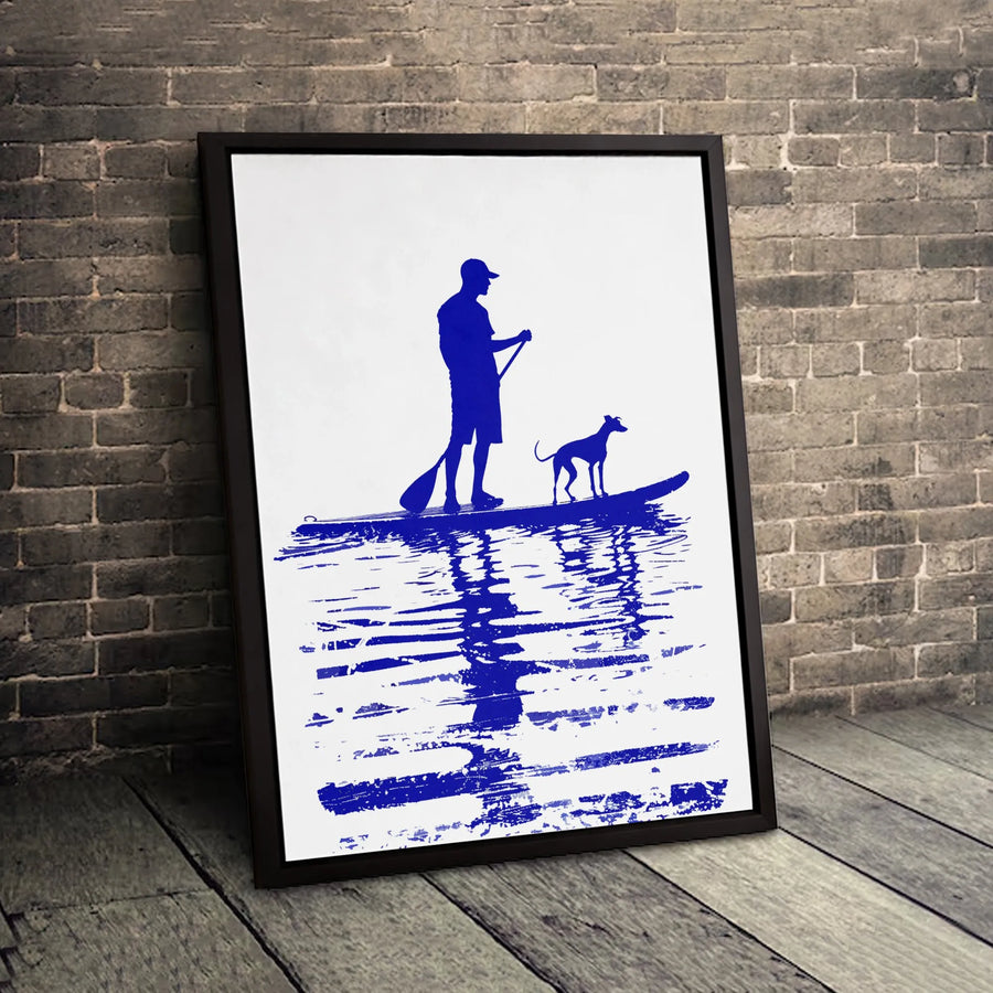 Stand Up Paddleboarding Canvas Art | Blue Silhouette SUP Man and Dog Print | 1.25 Inch Premium Gallery Wrap | Gift for Water Sports Enthusiast