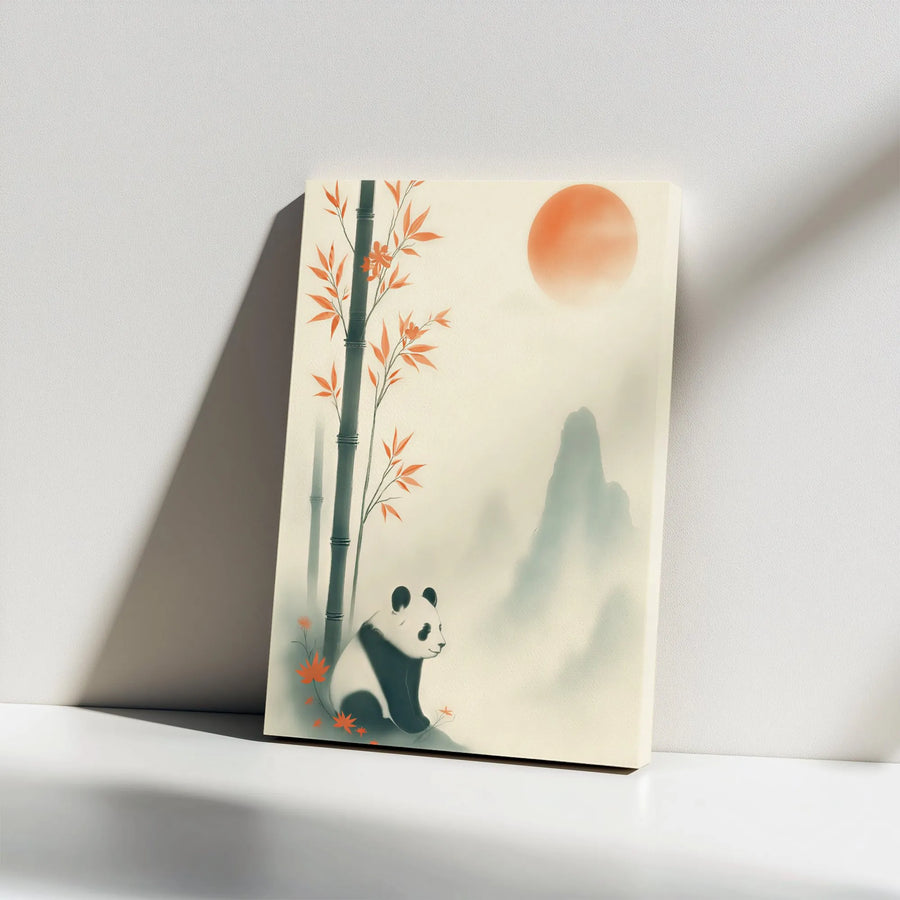 Panda Bear and Bamboo Vertical Canvas | Japanese Style Ink Wash Landscape Art | Premium 1.25" Gallery Wrap | Zen Home Decor Gift for Nature Lovers