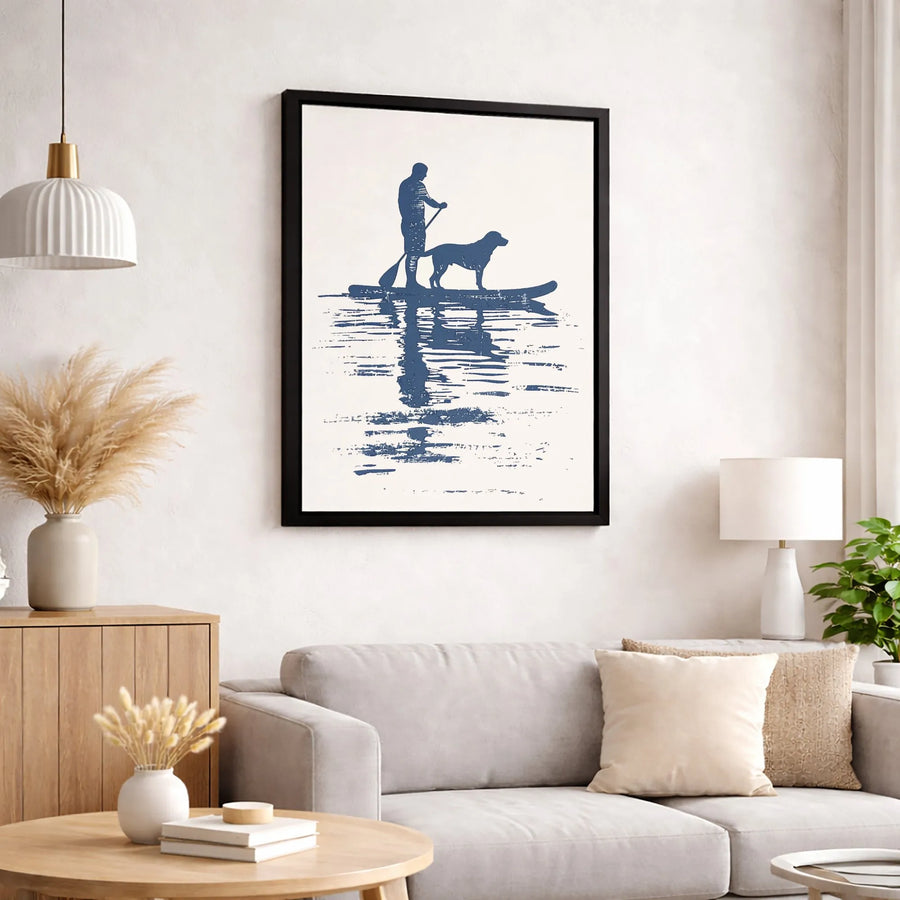 Stand Up Paddleboard Wall Art | Man And Dog Silhouette Graphic | Premium Gallery Wrapped Canvas | Lake House Decor Gift For Dog Lovers