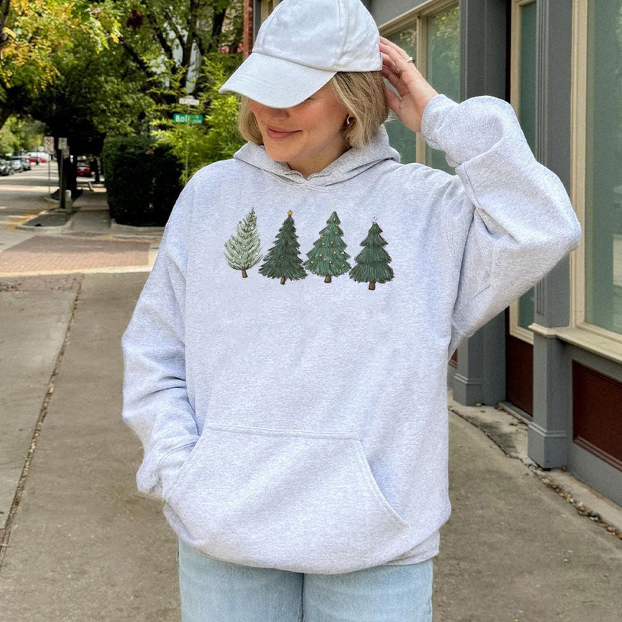 Christmas Tree Hoodie | Hand-Drawn Minimalist Pine Trees Design | Premium Cotton-Poly Blend | Festive Holiday Gift For Her & Him
