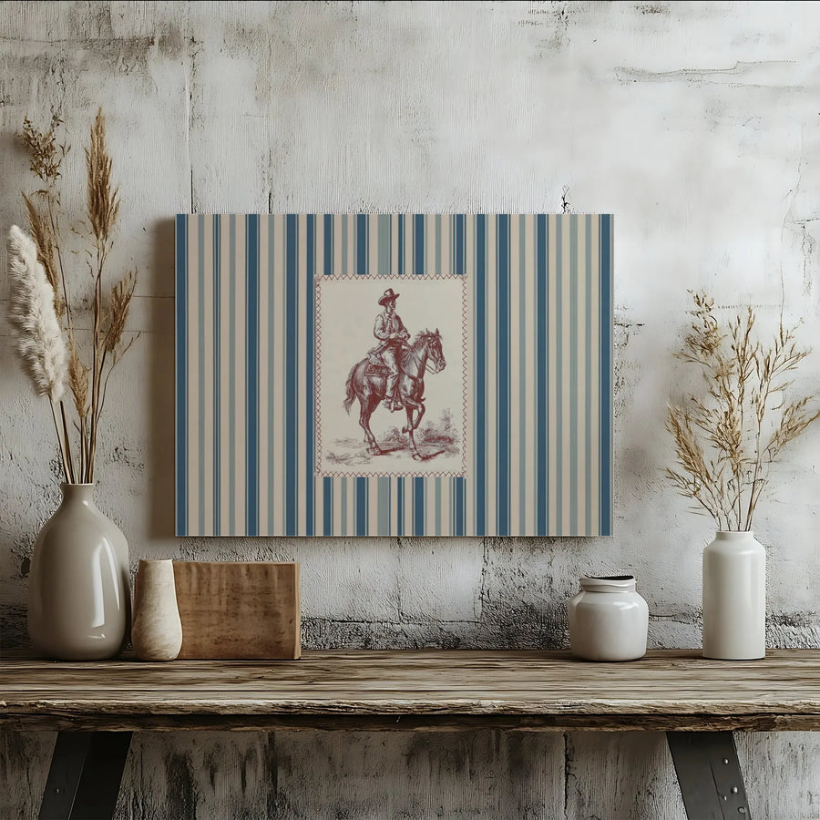 Vintage Cowboy Wall Art | Western Horse Illustration on Blue Stripes | 1.25 Inch Gallery Wrap Canvas | Rustic Home Decor for Living Room