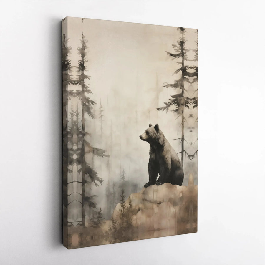 Brown Bear Wall Art | Misty Pine Forest Watercolor Print | Gallery-Quality 1.25 Inch Canvas | Rustic Cabin Decor for Nature Lovers