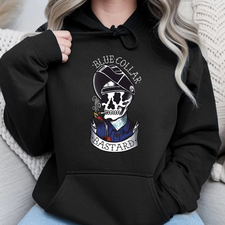 Welder Hoodie | Blue Collar Bastard Tattoo Style Graphic | Premium Cotton Blend | Gift For Him, Tradesman, Welding Enthusiast