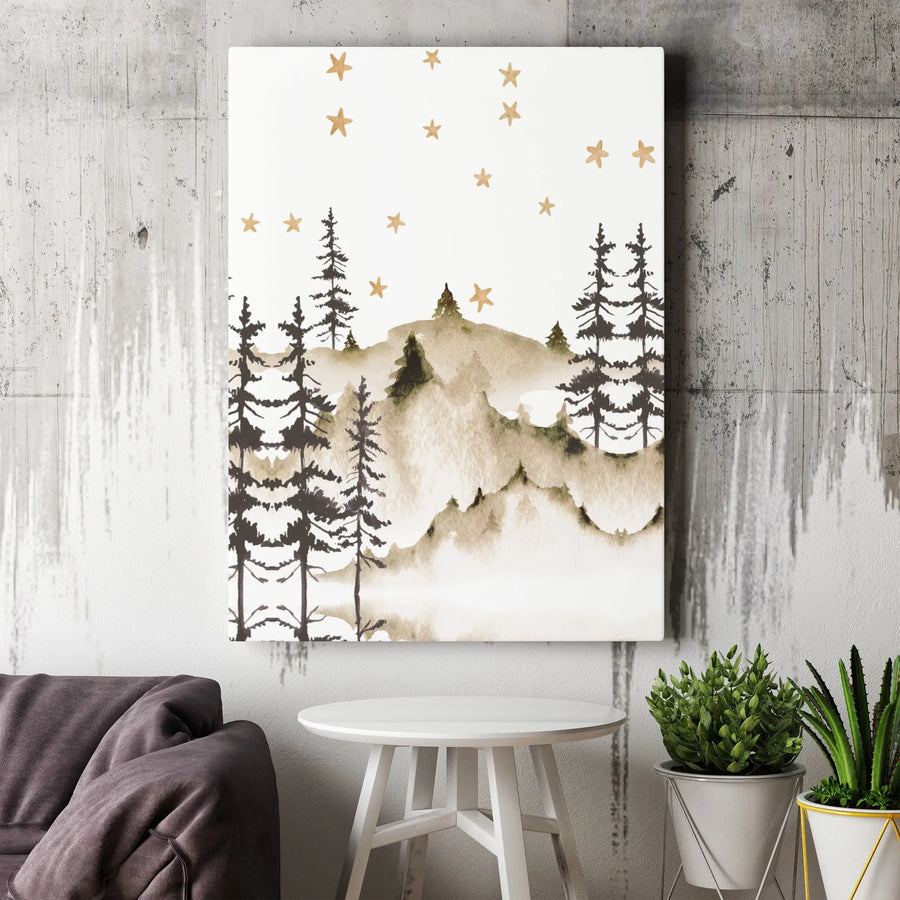 Watercolor Pine Forest Wall Art | Mountains With Gold Stars Canvas Print | 1.25-Inch Gallery Wrap | Nature-Inspired Home Decor For Living Room