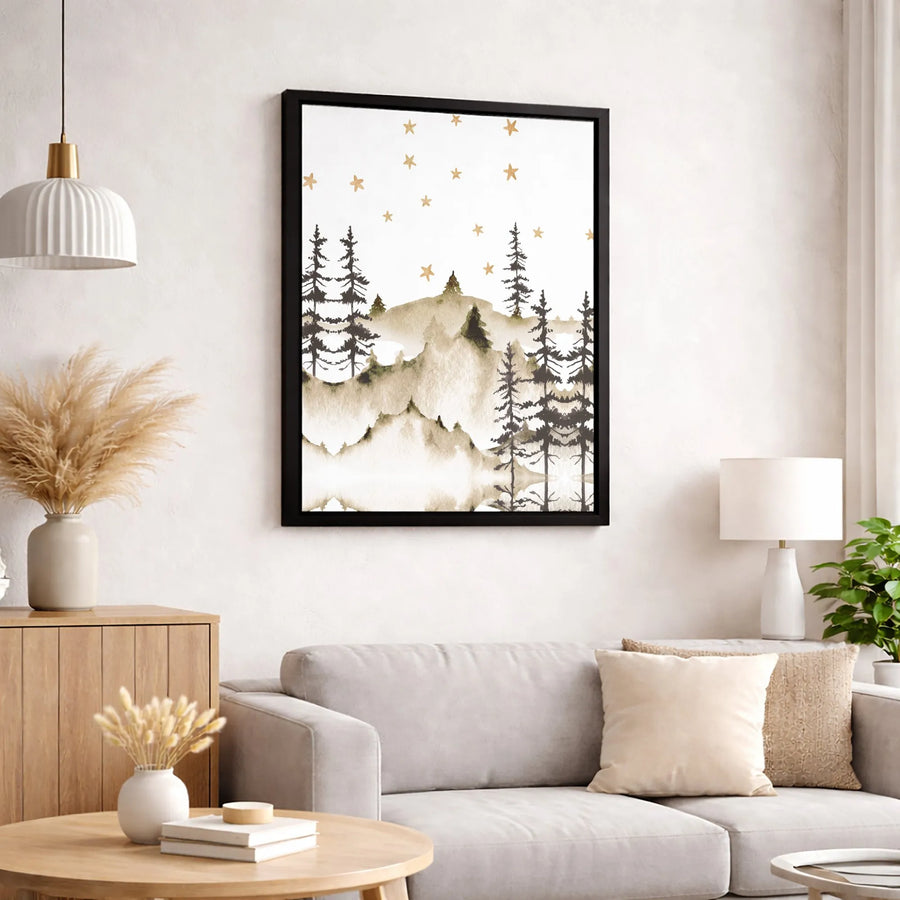 Watercolor Mountain Forest Canvas | Pine Tree Starry Night Landscape | Gallery-Wrapped Premium Decor | Neutral Boho Wall Art for Home Office