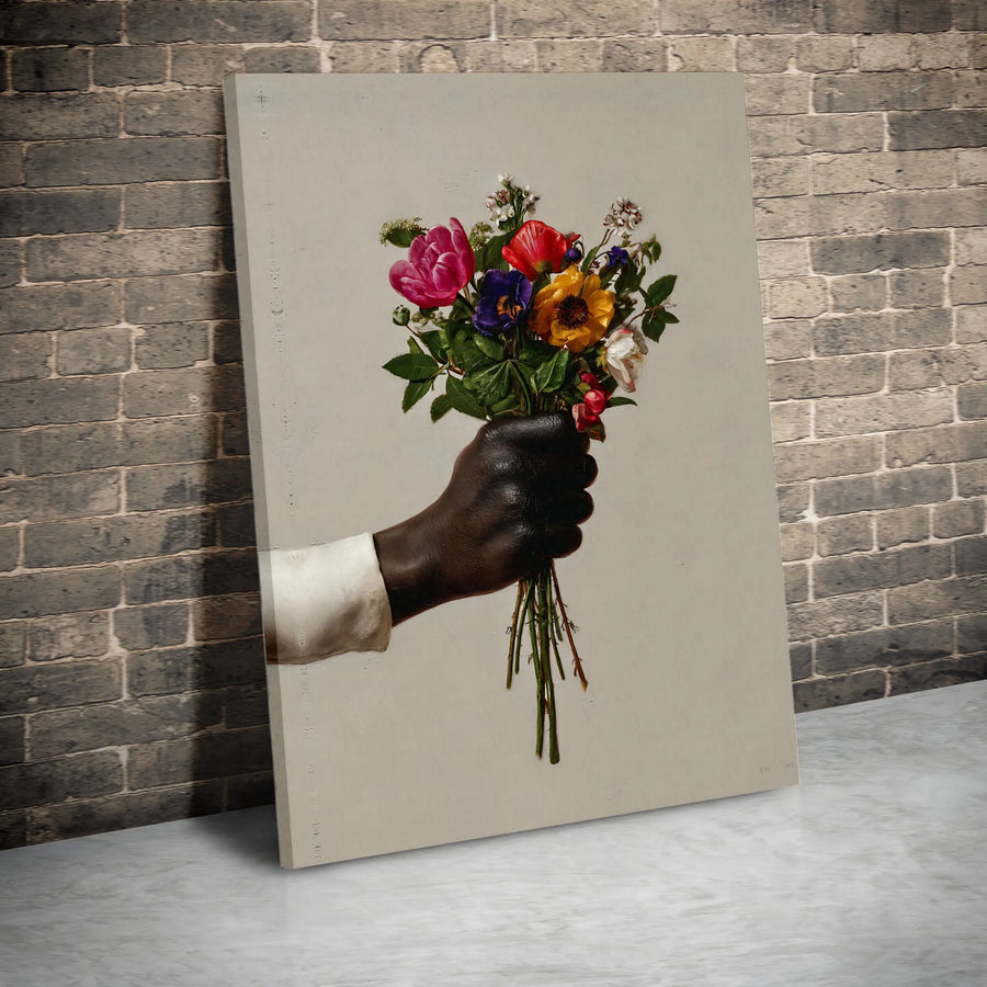 Black Art Floral Canvas Print | Hand Holding Vibrant Flower Bouquet | Premium Gallery Wrapped Canvas | Contemporary Wall Art Gift