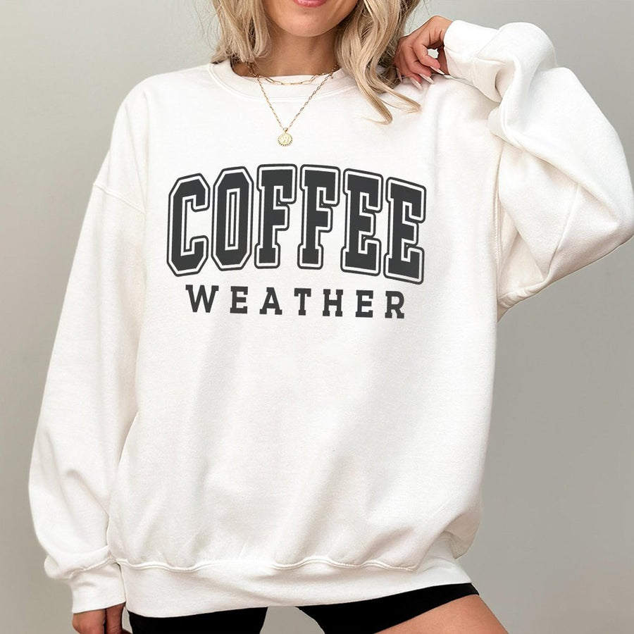 Coffee Weather Sweatshirt | Varsity Lettering Graphic Print | Premium Cotton Blend | Cozy Fall Apparel Gift for Coffee Lovers