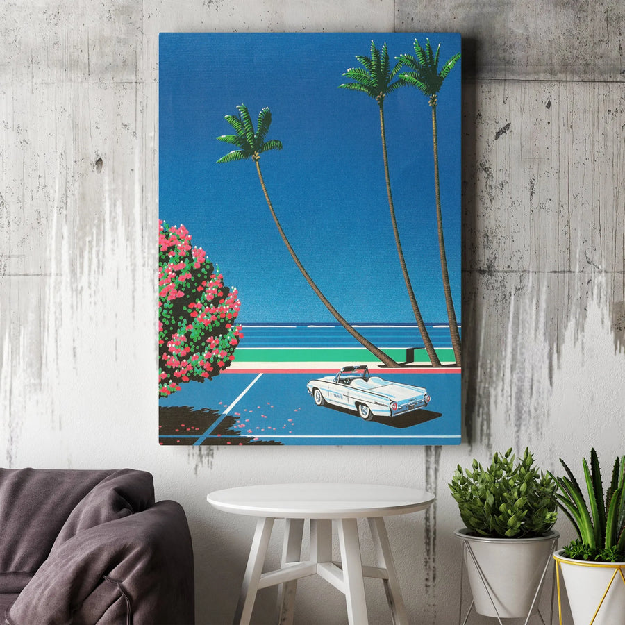 Retro Coastal Beach Canvas Wall Art | Mid-Century Convertible Car Design | Premium Gallery Wrapped Decor | Summer Aesthetic Gift for Home Office