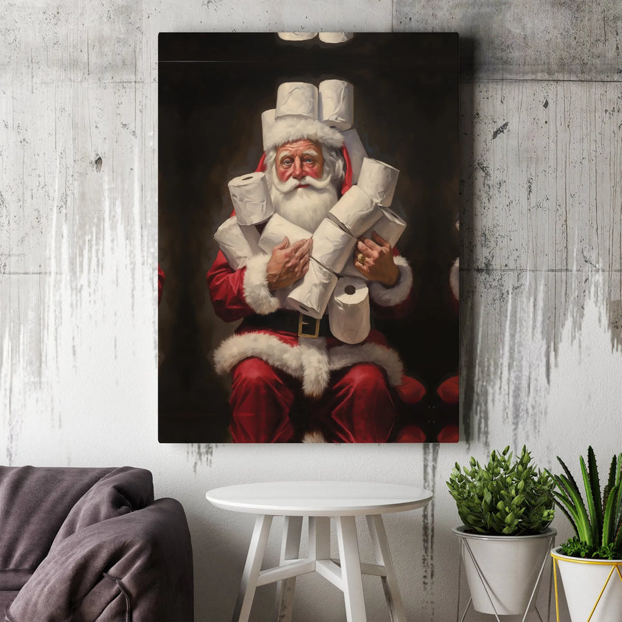 Funny Santa Claus Toilet Paper Hoarding Wall Art | Classical Oil Painting Style | Premium 1.25" Thick Gallery Canvas | Unique Holiday Gag Gift