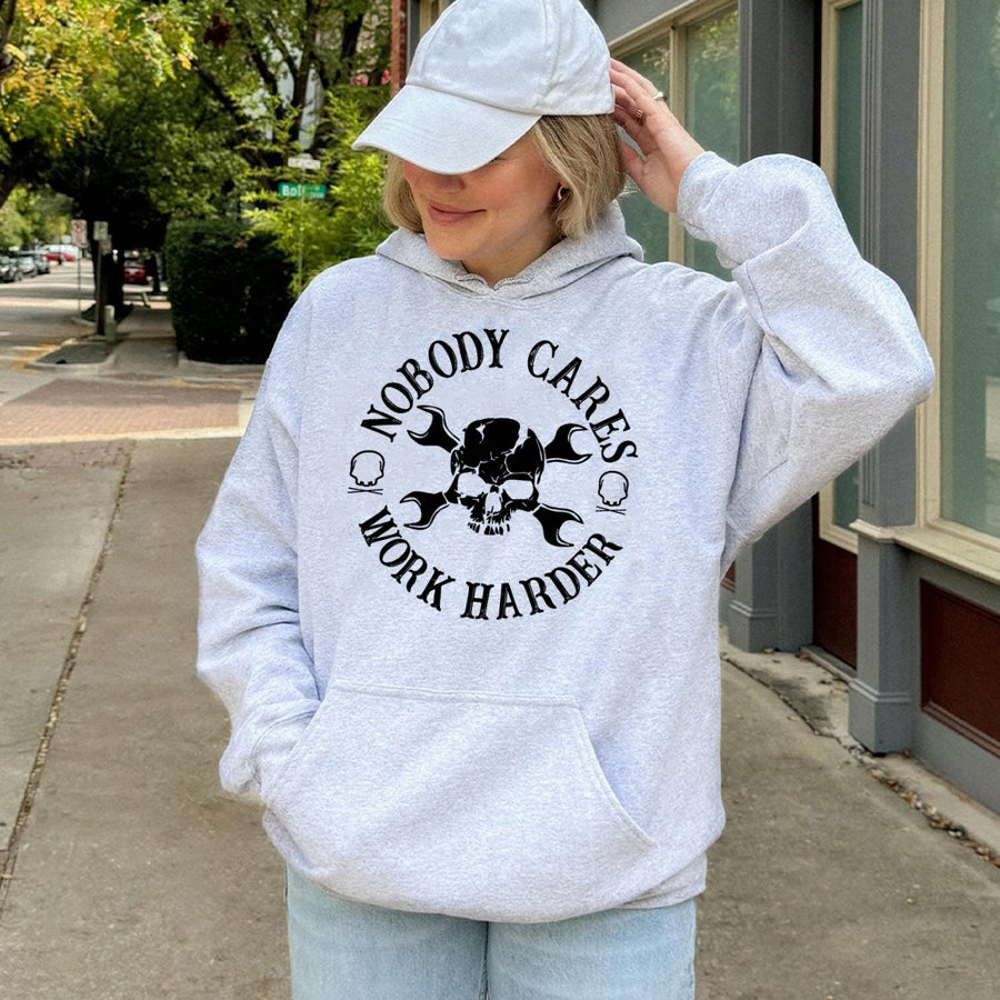 Nobody Cares Work Harder Hoodie | Blue Collar Skull Wrench Graphic | Premium Cotton Blend | Gift For Mechanics And Tradesmen