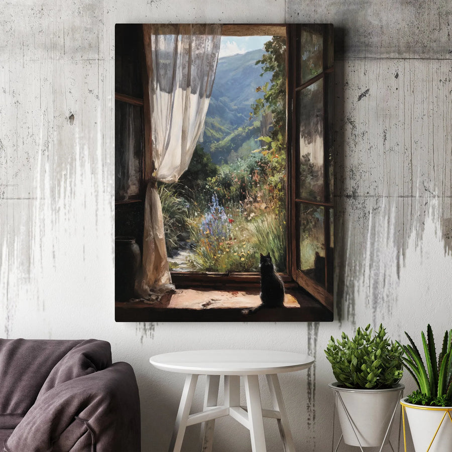 Black Cat at Window Canvas Print | Impressionist Garden Landscape Wall Art | Premium Gallery Wrapped Canvas | Cozy Home Decor Gift for Cat Lovers