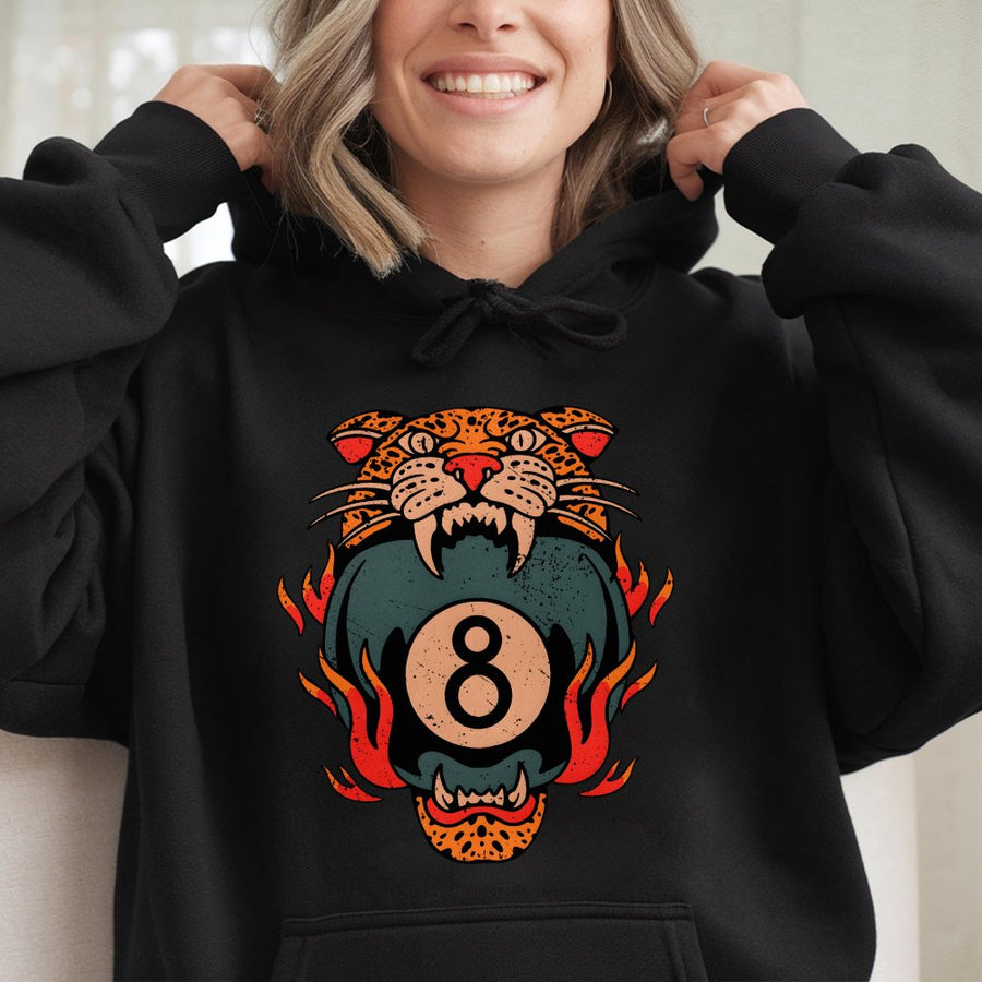 8 Ball Leopard Hoodie | Traditional Tattoo Graphic Art | Cotton-Blend Premium Streetwear | Unisex Grunge Gift for Alternative Style Lovers