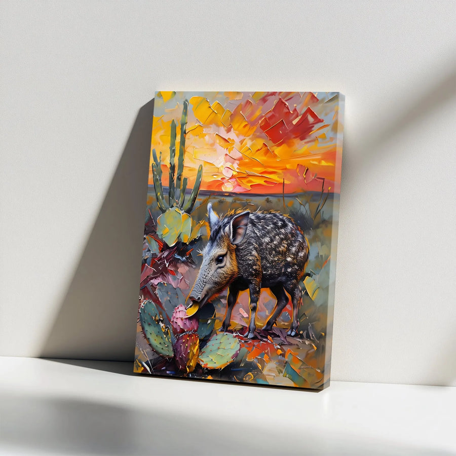Javelina Canvas Wall Art | Abstract Desert Sunset Painting with Cactus | Premium Gallery Wrap | Southwestern Home Decor Gift