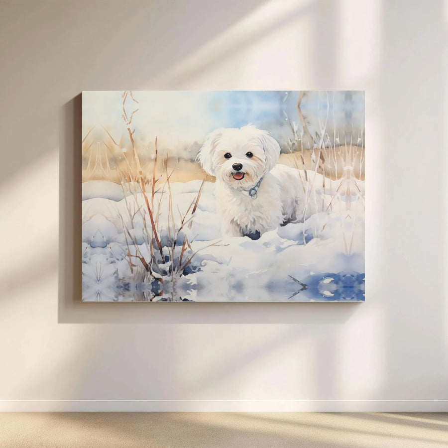 Maltese Dog Wall Art | Watercolor Winter Snow Puppy Portrait | Premium Gallery Wrap Canvas | Pet Lover Home Decor Gift
