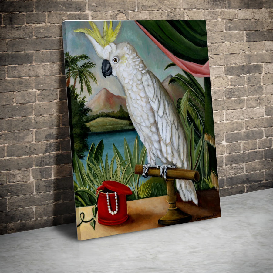 Cockatoo Parrot Vertical Canvas | Vintage Tropical Bird Painting | Premium Gallery Wrapped Canvas | Exotic Wall Art Gift for Bird Lovers