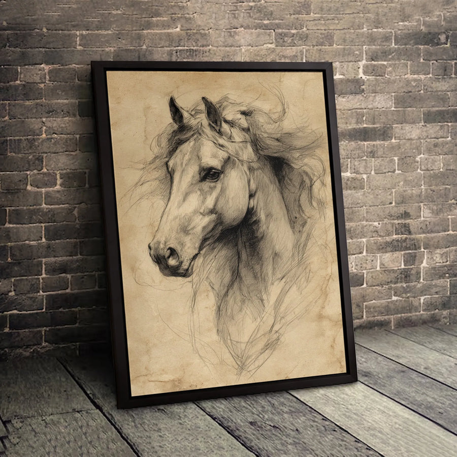 Horse Pencil Sketch Canvas | Vintage Charcoal Style Wall Art | Premium Gallery Wrapped Decor | Equestrian Gift for Horse Lovers