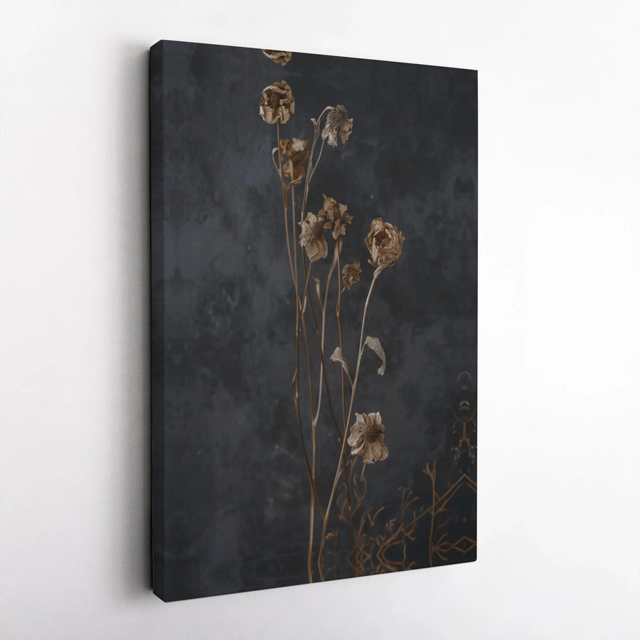 Dried Flower Wall Art | Moody Botanical Floral Canvas Print | Premium Gallery Wrap Decor | Minimalist Dark Grey Aesthetic Home Office Gift