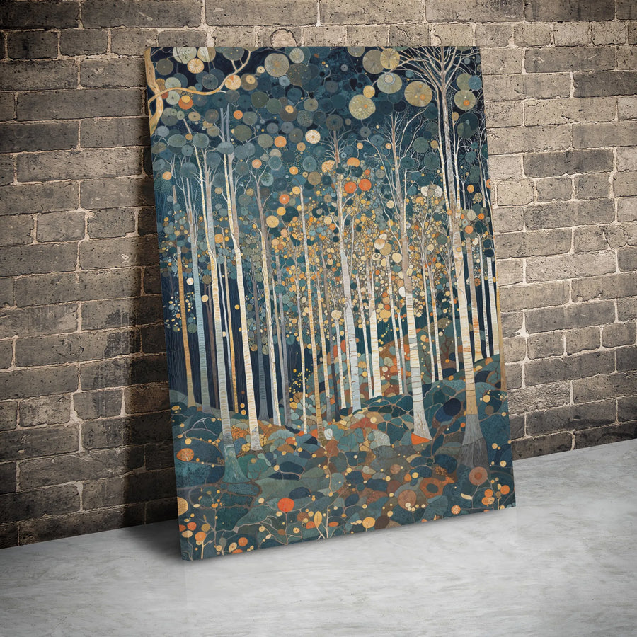 Abstract Birch Tree Forest Canvas Wall Art | Whimsical Circular Leaf Pattern | Gallery-Wrapped Premium Print | Nature-Inspired Home Decor Gift