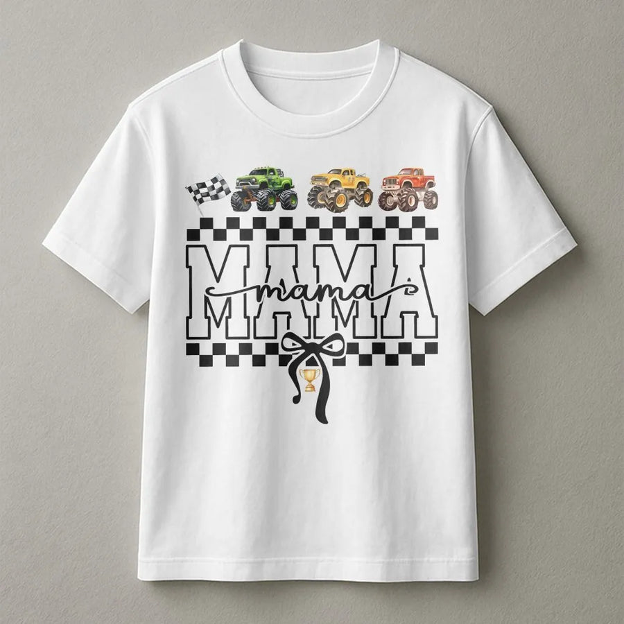 Monster Truck Mama T-Shirt | Racing Checkered Flag Design | Premium 100% Cotton | Fun Boy Mom Gift for Race Day