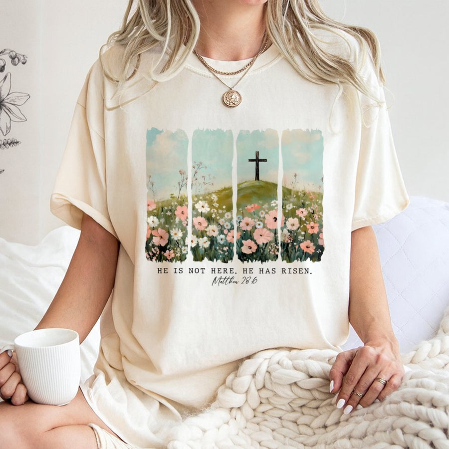 He Is Risen T-Shirt | Matthew 28:6 Floral Cross Graphic | Premium 100% Cotton Religious Apparel | Easter Christian Gift For Her Him