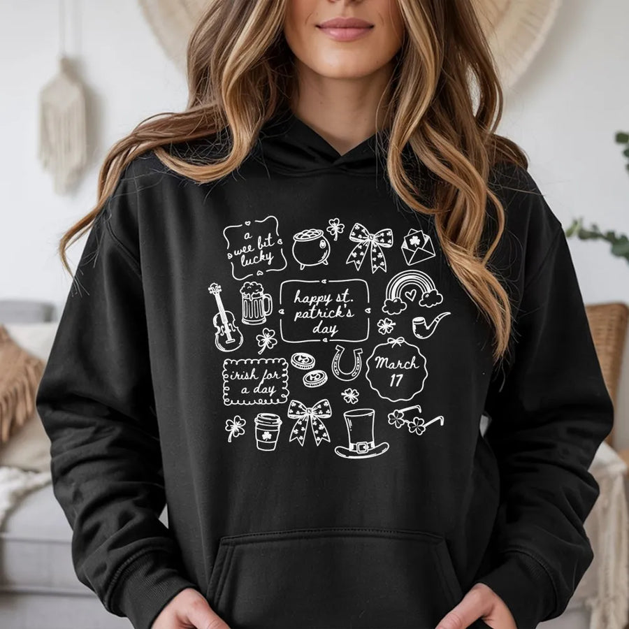 St Patrick's Day Hoodie | Cute Hand-Drawn Doodle Shamrock Graphic | Premium Cotton Blend | Unisex Festive Gift for Men and Women