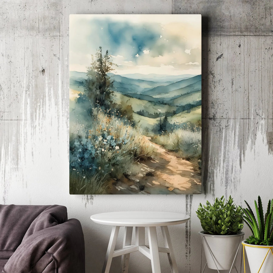 Watercolor Mountain Canvas | Serene Wildflower Landscape Wall Art | Premium Thick Gallery Print | Rustic Home Decor Gift for Nature Lovers