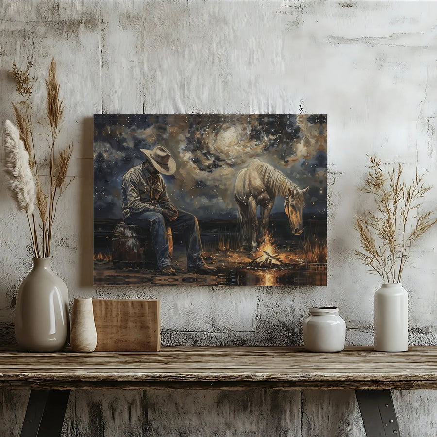 Western Cowboy Canvas Art | Starry Night Campfire Scene | Premium Fade-Resistant Print | Rustic Farmhouse Wall Decor Gift for Him