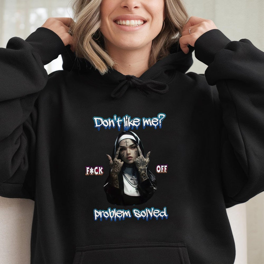 Defiant Nun Hoodie | Edgy Tattooed Bad Girl Graphic | Premium Cotton Blend Streetwear | Sarcastic Slogan Gift for Women and Men
