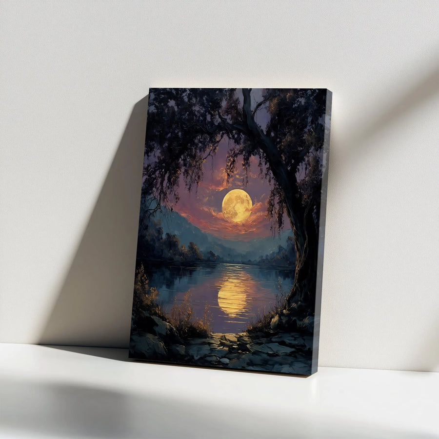 Full Moon Lake Canvas Wall Art | Impressionist Nightscape Painting | Premium Gallery Quality Canvas | Bedroom & Living Room Decor Gift
