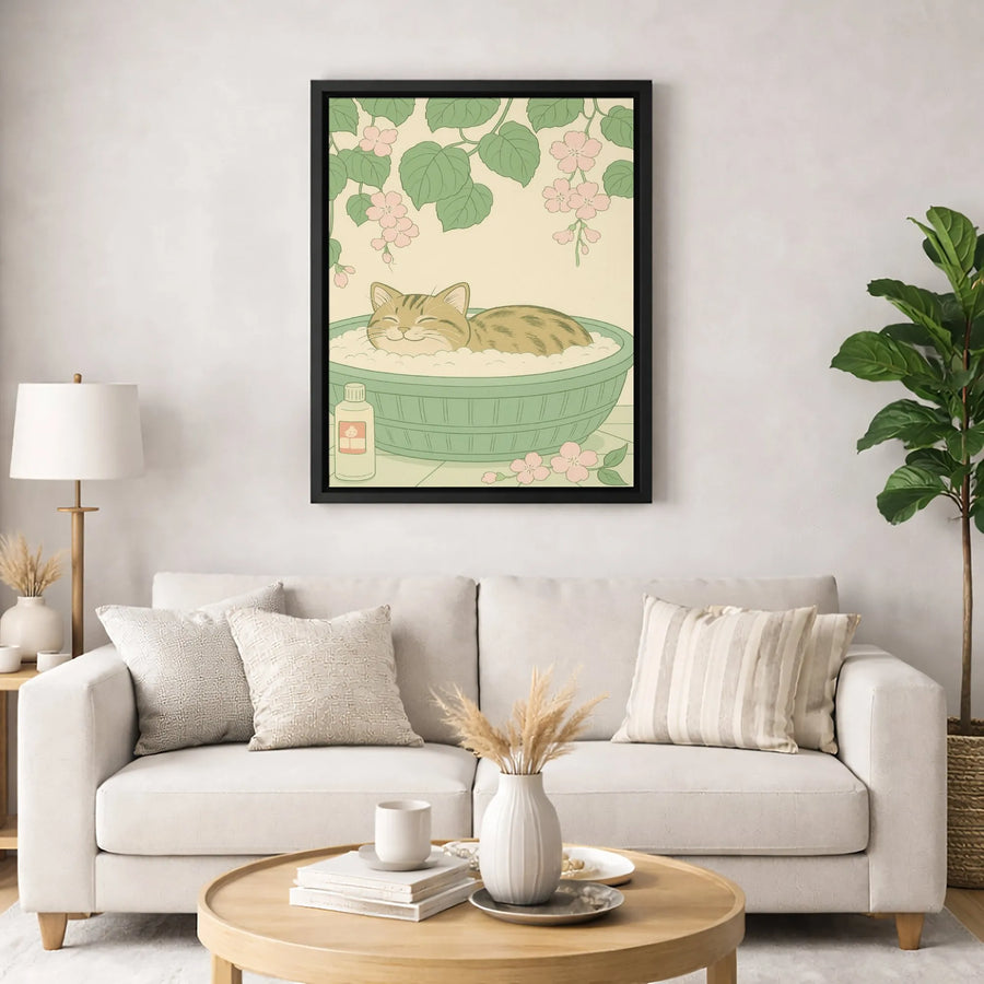 Cute Cat Canvas Wall Art | Japanese Inspired Bubble Bath Illustration | Premium Gallery Wrapped Print | Whimsical Home Decor Gift
