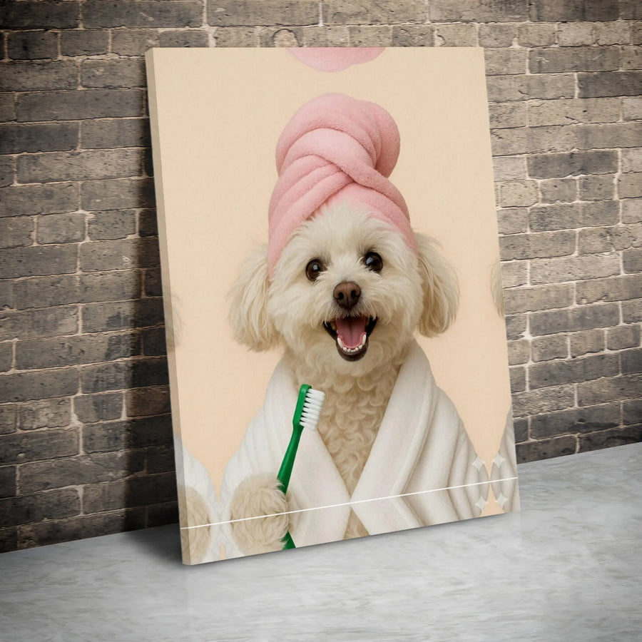 Dog In Bathrobe Canvas Wall Art | Funny Puppy With Toothbrush | Premium Fade-Resistant Print | Cute Bathroom Decor For Animal Lovers Gift