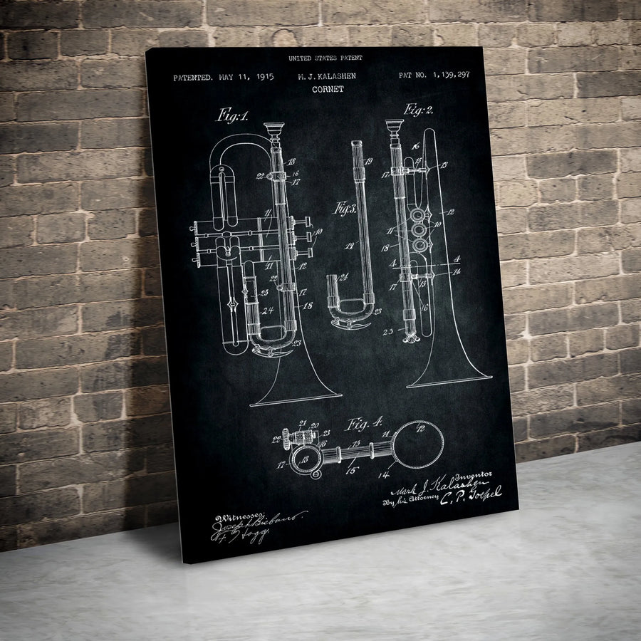 Cornet Patent Wall Art | Vintage Music Instrument Blueprint Drawing | Premium Gallery Canvas Print | Musician Gift & Home Office Decor