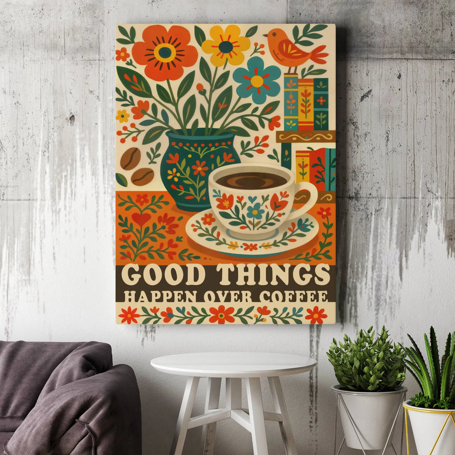 Good Things Happen Over Coffee Canvas Wall Art | Retro Folk Art Floral Print | 1.25-Inch Premium Gallery Profile | Kitchen & Coffee Nook Decor Gift