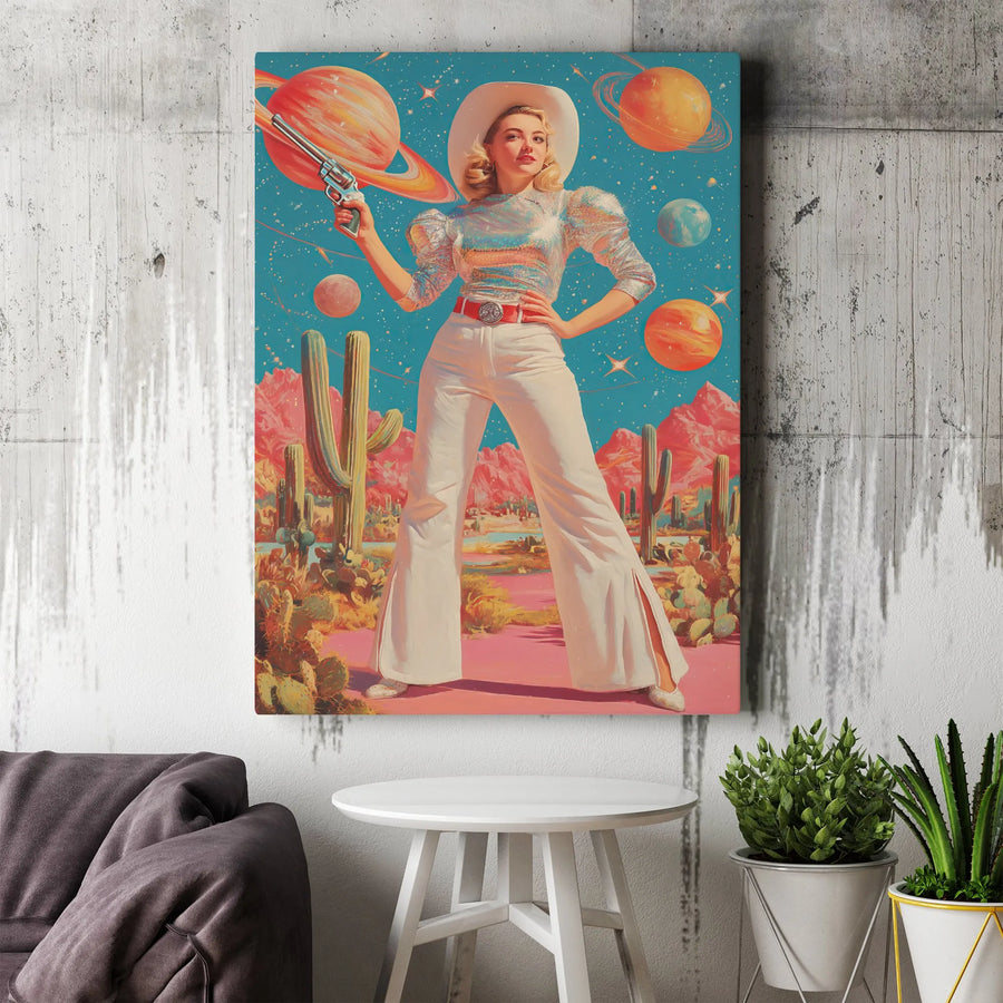 Space Cowgirl Canvas Art | Retro Western Cosmic Desert Wall Decor | Premium 1.25" Gallery Wrap | Gift for Boho Southwestern Art Lovers